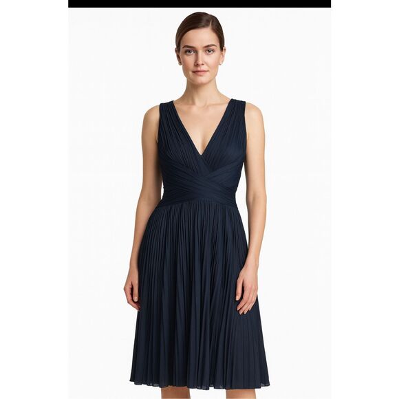 Halston Heritage Dresses & Skirts - Halston Heritage Navy Pleated Cocktail Dress | V-Neck Sleeveless Fit & Flare | S